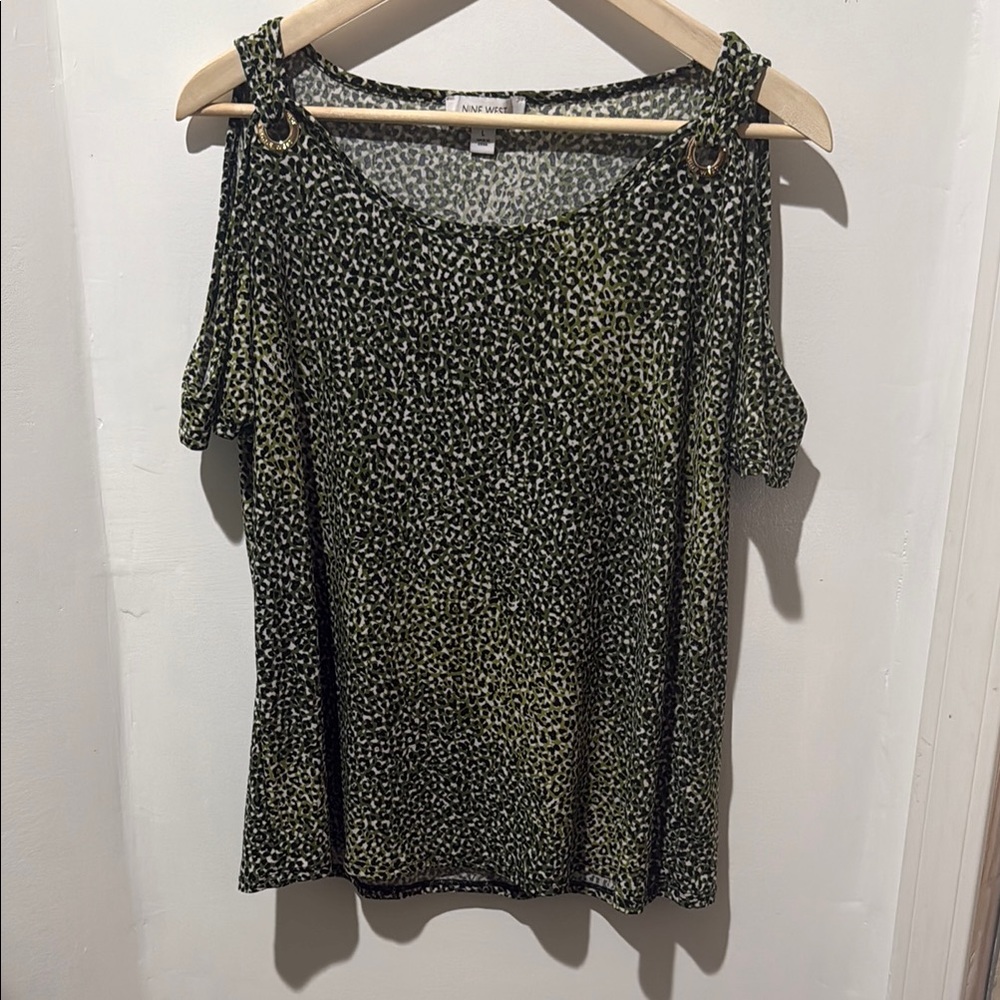 Nine West White and Green Cut Out Blouse